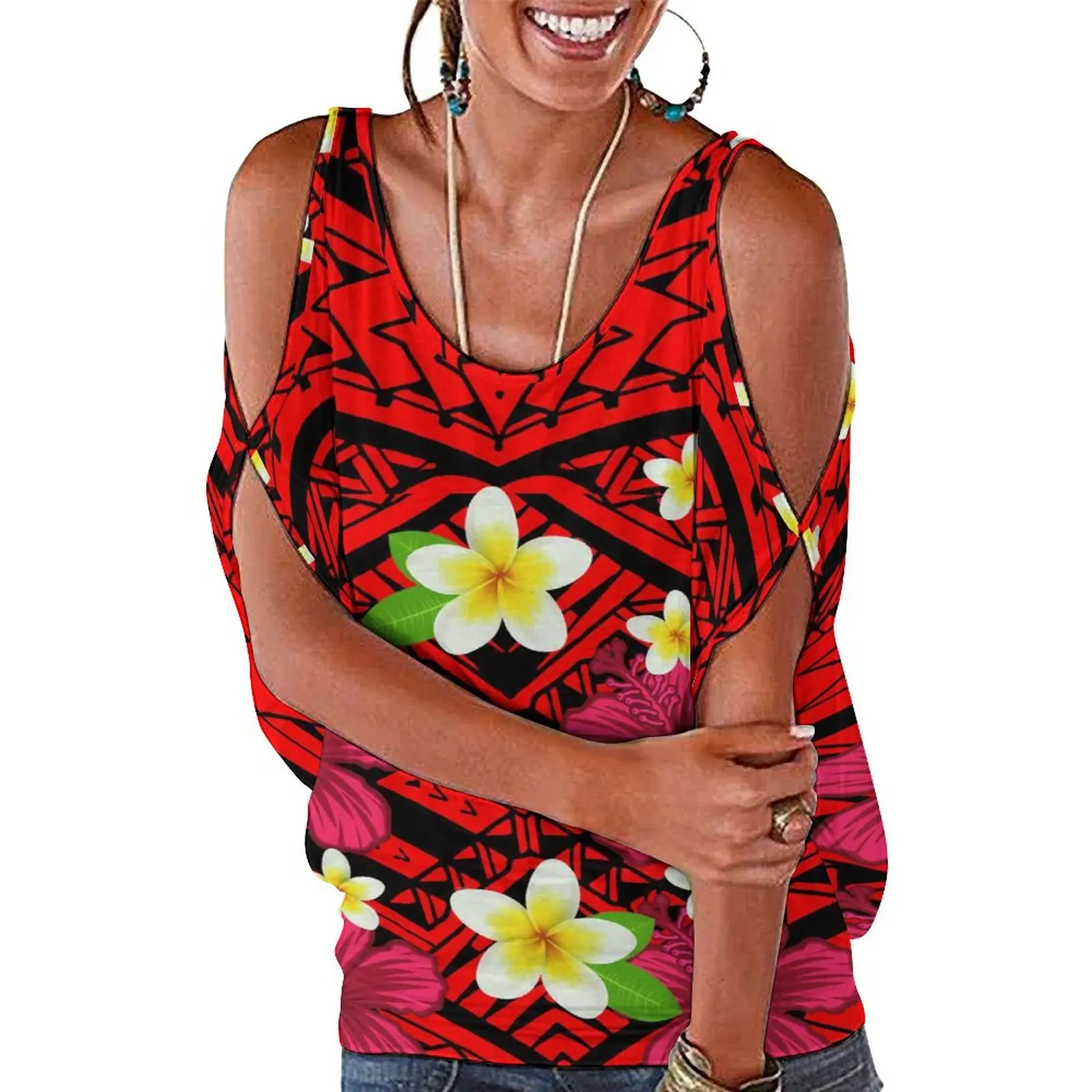 Samoa Women'S Club Top Custom Polynesian Flower Print Tribal Ethnic Style Sexy Top Shoulder Short Sleeve Design 2024 New Model