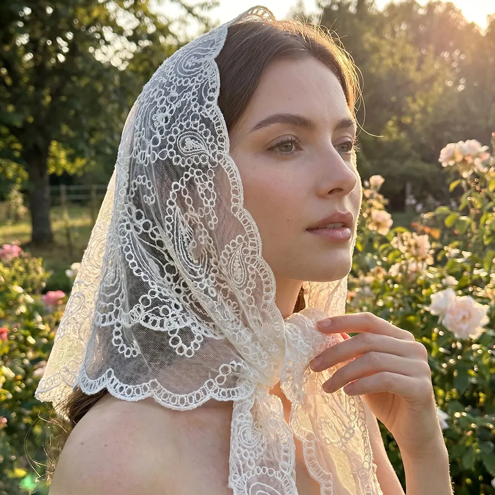 

Trendy Lace Triangle Scarf Girls Summer Sunscreen Headscarf Lace Floral French Head Wraps Scarf Girls Elegant Hair scarf