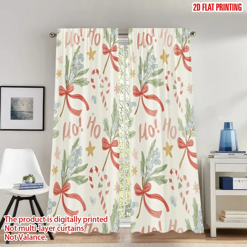 

2pcs 2D flat printing Christmas Party Curtains Christmas Red Bow Mistletoe Digital Printed Polyester Drapes Festive Wall Decor