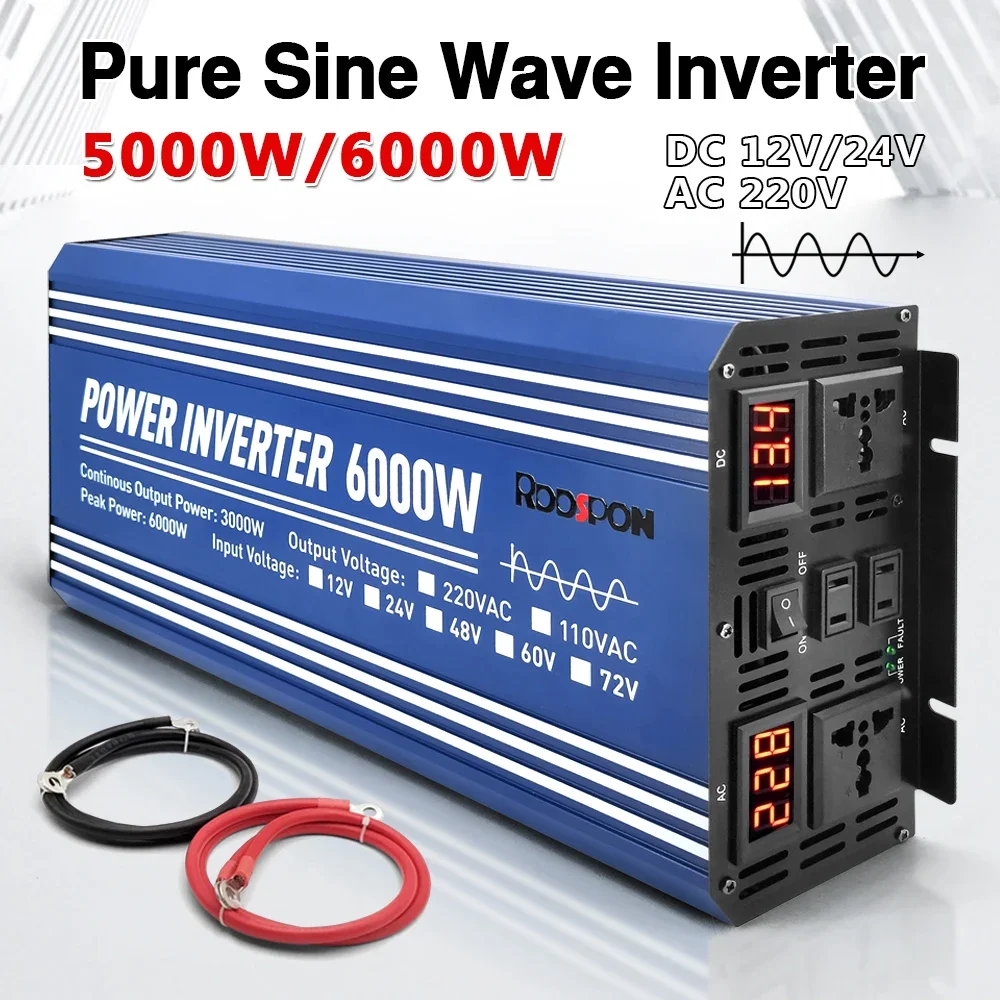 Car Pure Sine Wave Inverter DC 12V 24V To AC 220V 5000W/6000W Voltage Transformer Power Converter Multifunction Inverter