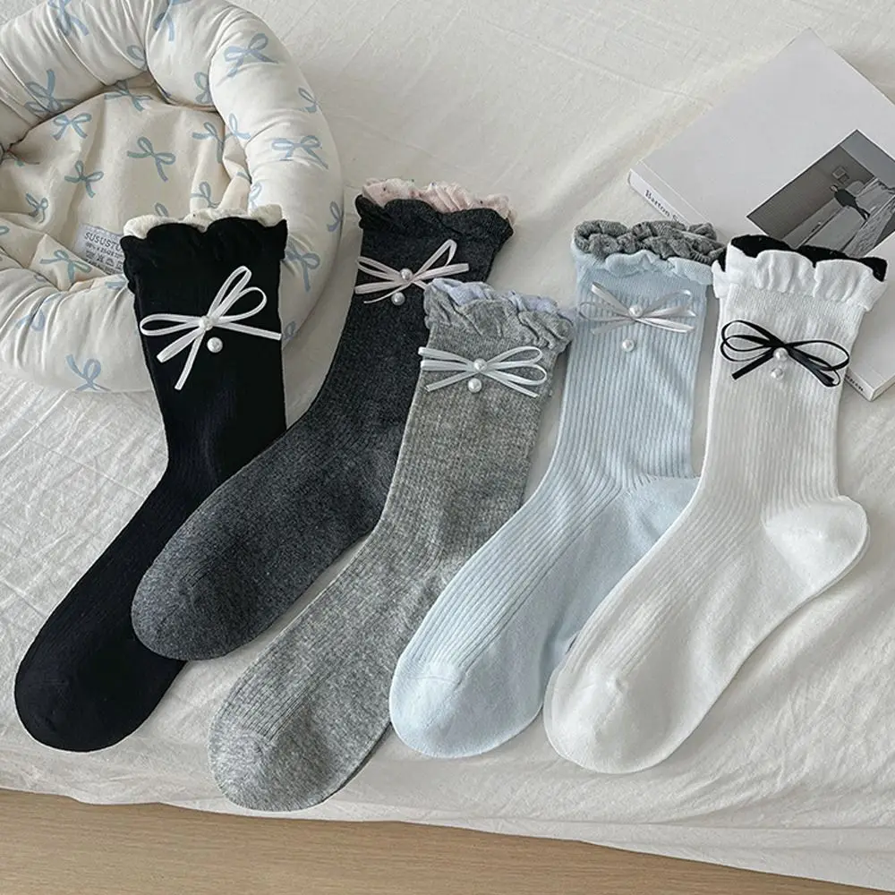 

Новые милые носки с бантом, впитывающие пот, повседневные носки средней длины, дышащие носки с рюшами, подарок для девочек