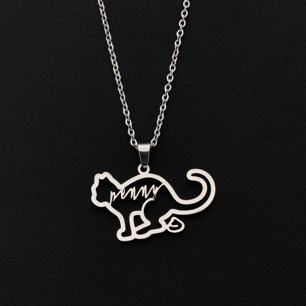 Customized Letter Name Necklace Lovely Cat Personalized Fashion Stainless Steel Plated Nameplate Jewelry Women Men Meaning Gift