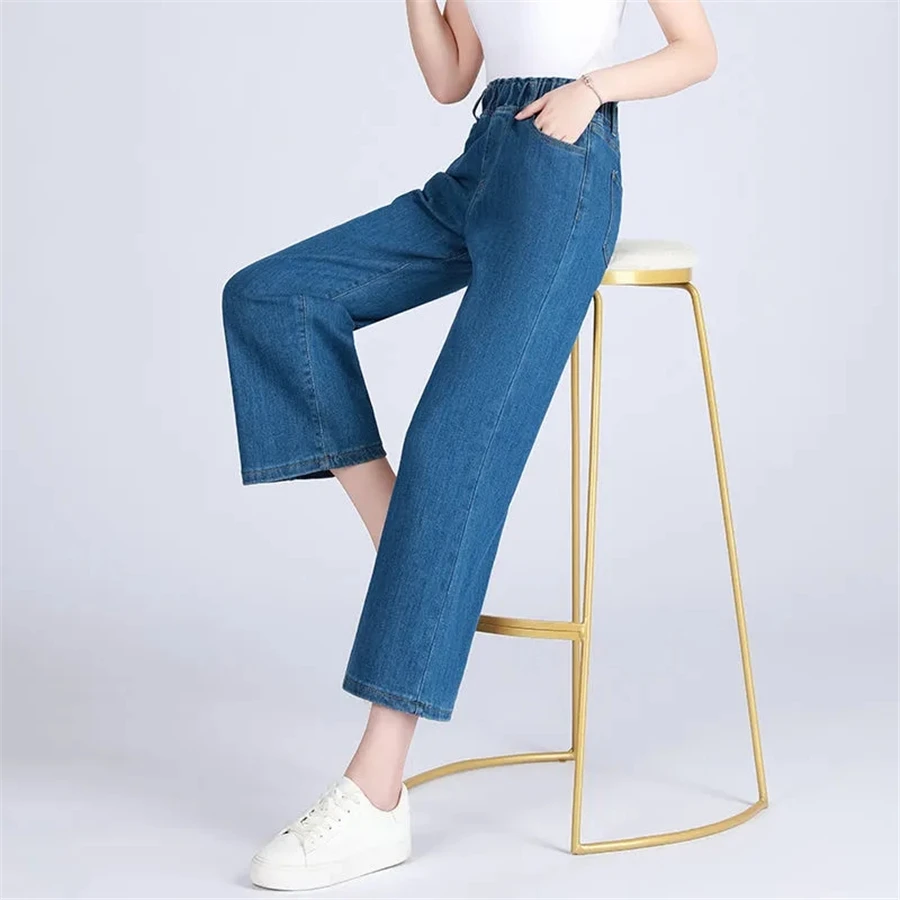 Calça jeans clássica feminina, cintura alta, perna larga, estiramento, largo, comprimento do tornozelo, azul, capris, casual, rua coreana, vaquero 34