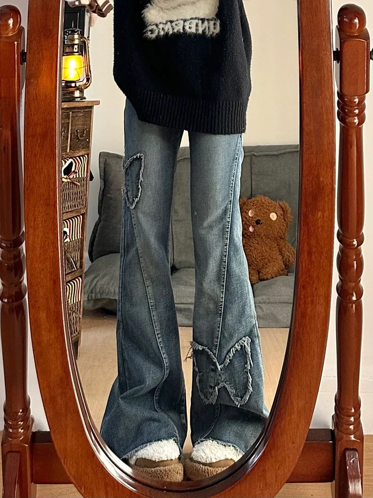 

Женские джинсы-клеш с высокой талией, вышивкой и американским дизайном, свободного кроя, длинные, из хлопкового денима