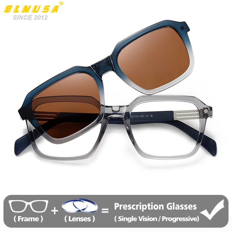 BLMUSA New 2-in-1 Folding Magnetic Polarized Sunglasses Trendy Polygonal Outdoor Myopia Progressive Prescription Glasses For Men