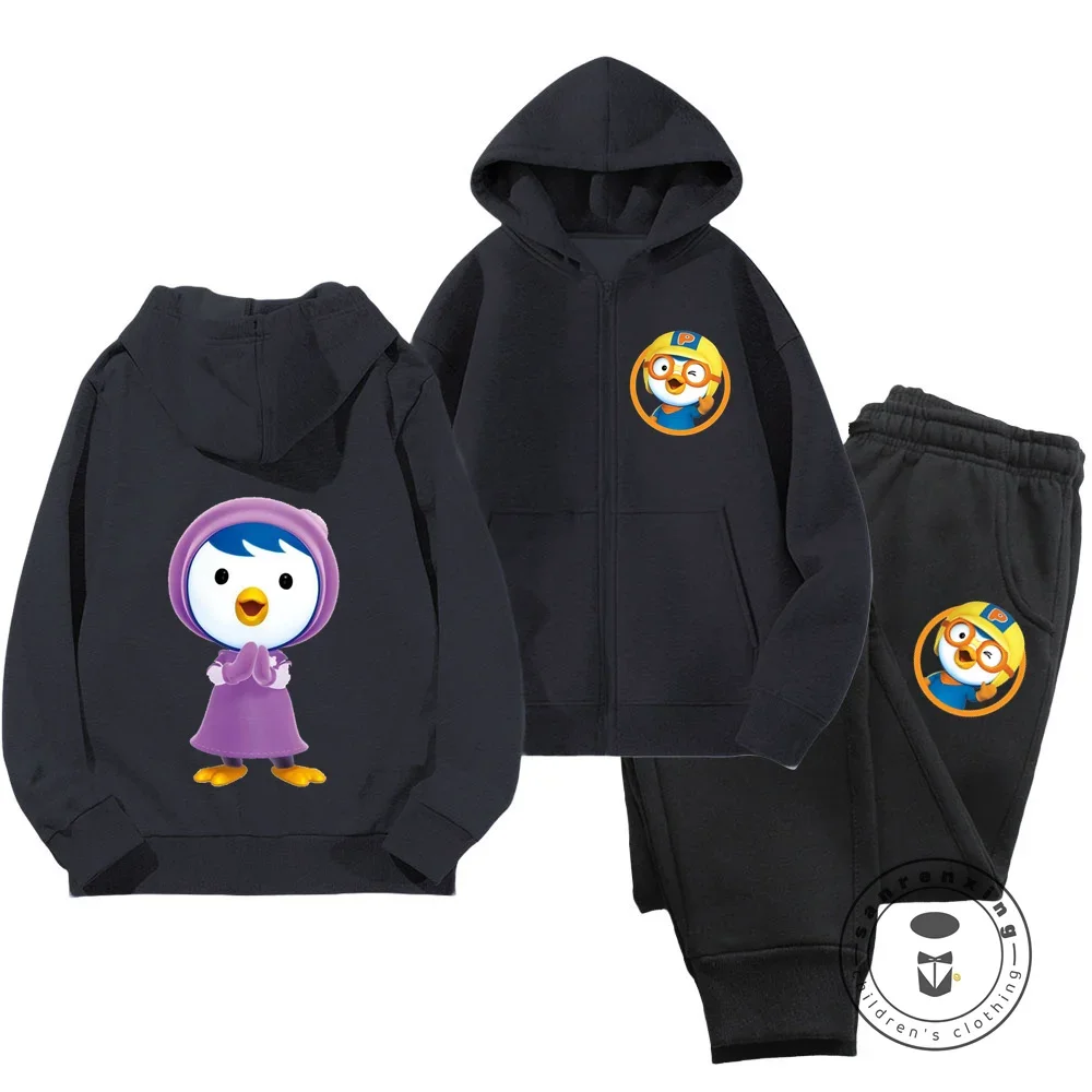 Pororo Children Zipper Hoodie Set Cartoon Print Autumn Winter Long Sleeve Sweatshirt Boys Girls Harajuku Trend Fashion Top