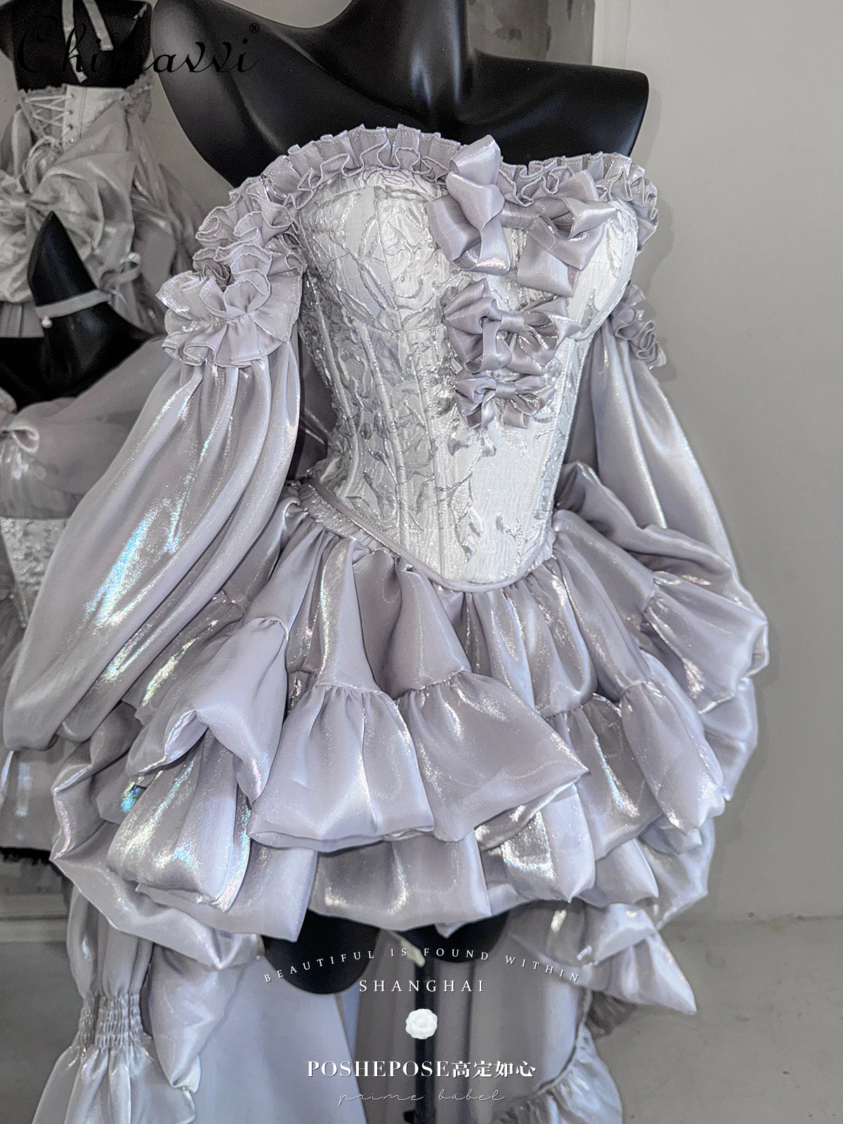 لطيف القوس قبالة الكتف المرأة حمالة فستان حفلة عيد ميلاد الأميرة لوليتا نمط الحلو مثير الفتيات زائدة طويلة صديرية دائرية فستان #6