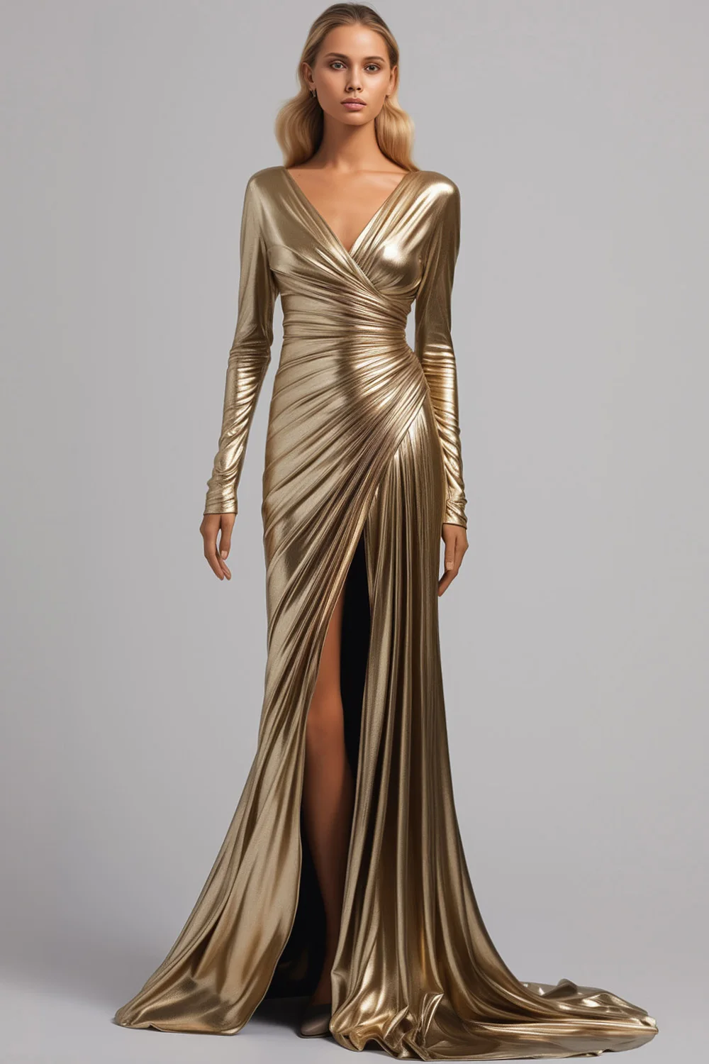 

Women's Formal Dress Gold Metallic Fabric Wrap V-neck Long Sleeve Mermaid Maxi Dresses 2025