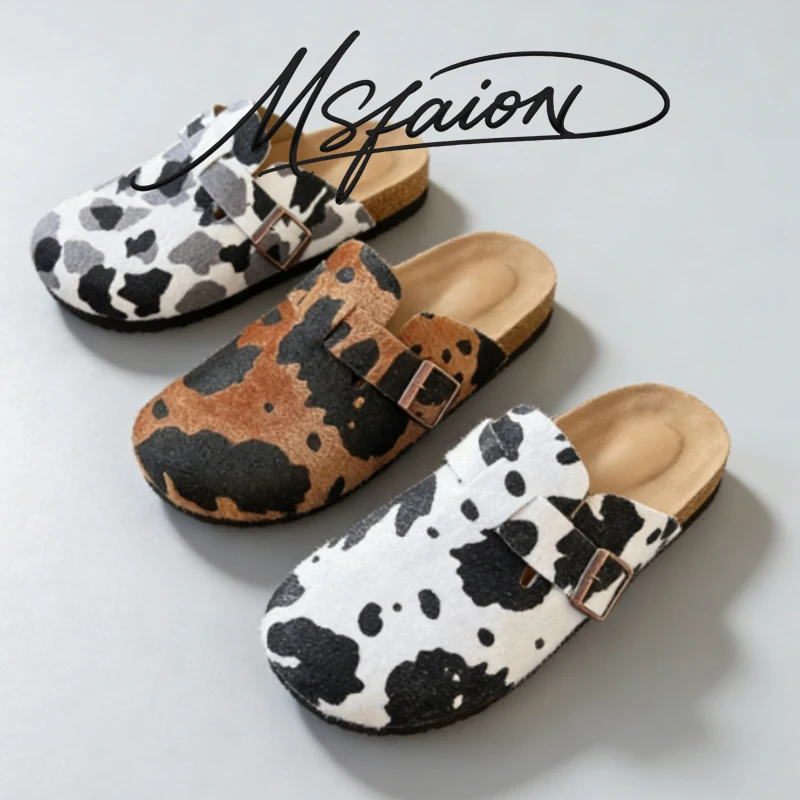 Zuecos con Estampado de Vaca Tallas Grandes 2026 Primavera, Mules de Pelo de Caballo para Mujer, Punta Cerrada, Sin Cordones, Cómodos, Suela Blanda, Zapatos para Caminar al Aire Libre, Tipo Slipper