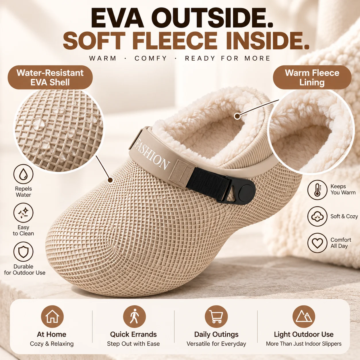 Winter Fleece Lined EVA Clogs For Women And Men 3cm Thick Sole Water Resistant Indoor Outdoor Slip On Slippers