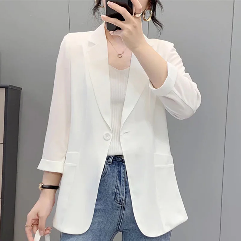 Elegant Solid Color Button Spliced Pockets All-match Blazer Women Clothing 2023 Autumn New Casual Tops Loose Casual Blazers