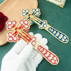 HTISOK Church Product Supply Orthodox Gold Plated Colorful Enamel Jesus Cross Handheld Crucifix Double Face Jesus Statue