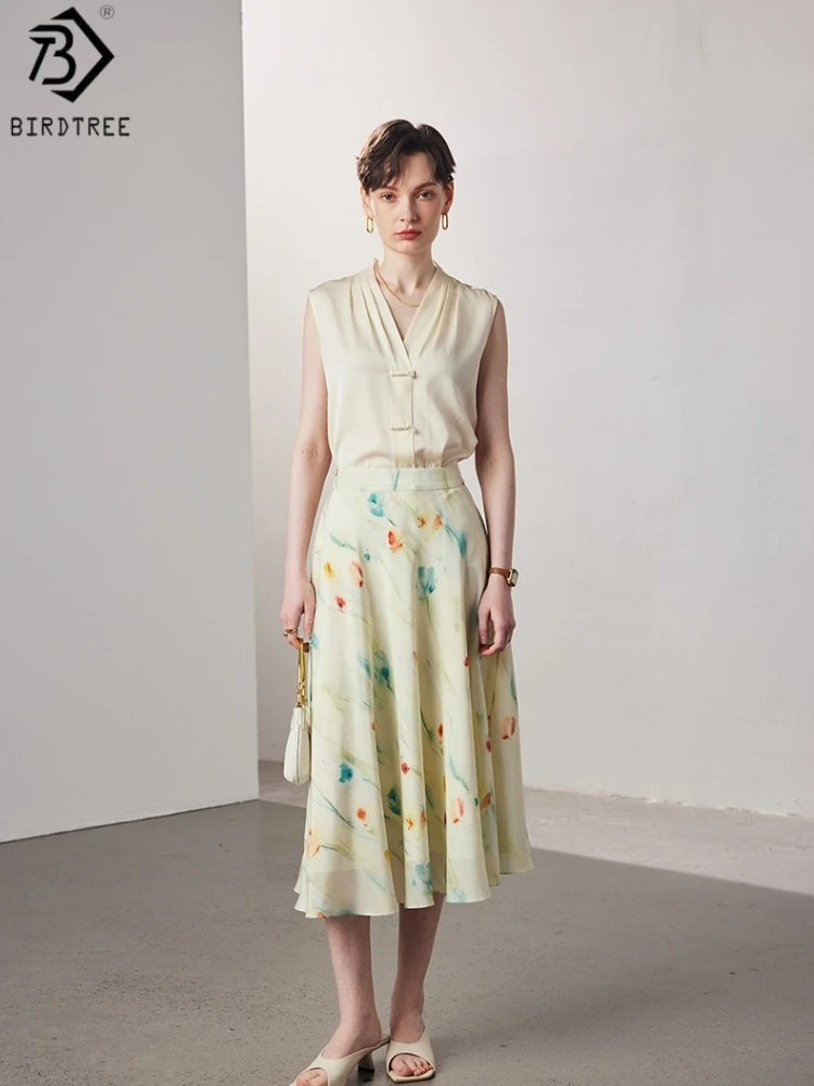 

Birdtree,14MM 100% Real Silk Print Skirt,Double-layer,Women Double Crepe Elegant Casual Chic Skirts,2026 Spring New D61806JF