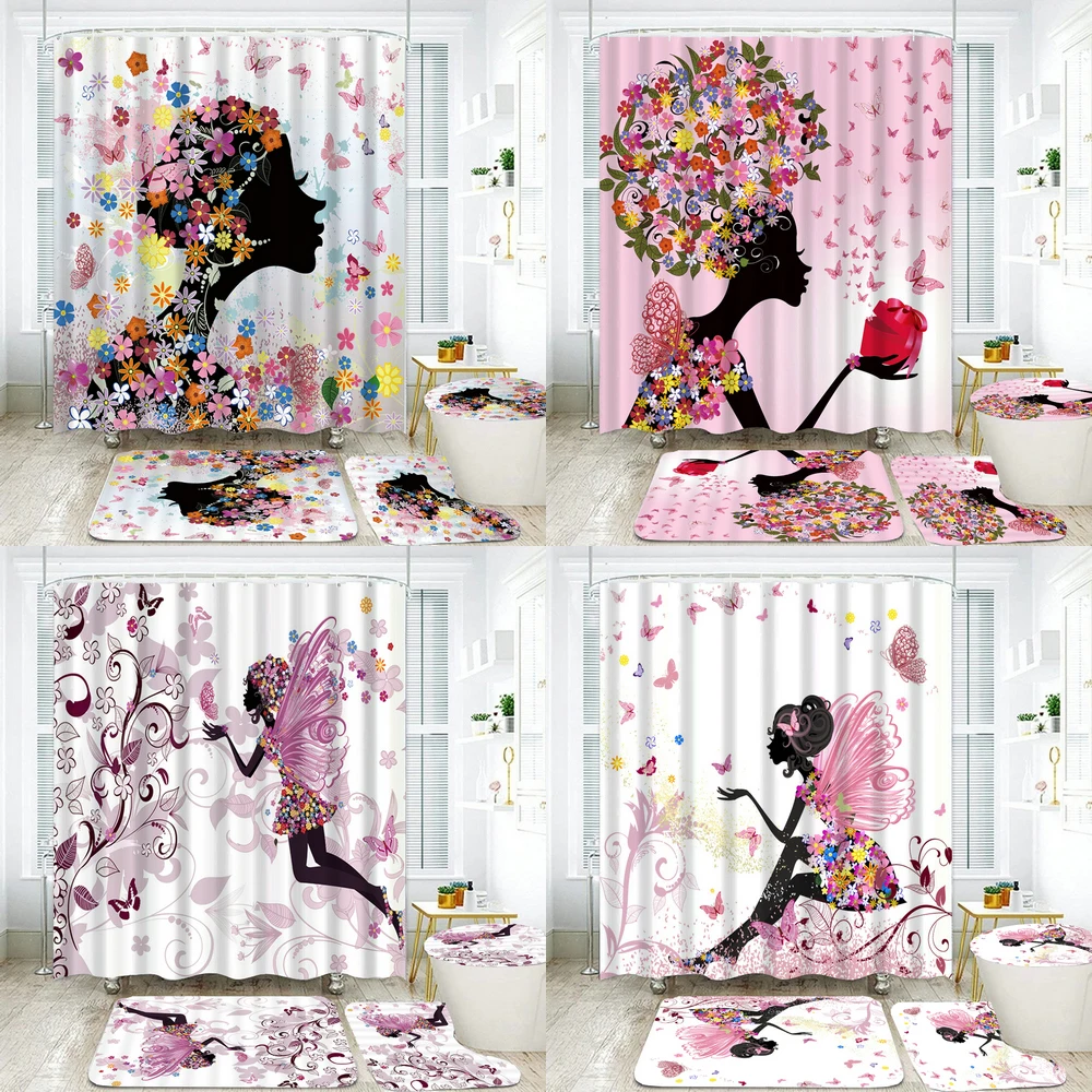 

Pink Butterfly Girl Bathroom Waterproof Shower Curtain 3D Sexy Black Flower Women Bath Mat Toilet Lid Cover Non Slip Rugs Carpet