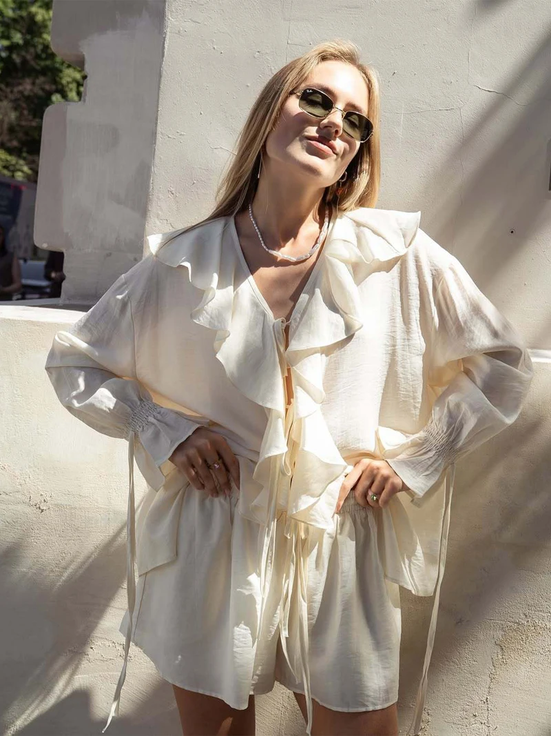 Women Summer Loose Two Pieces Set Solid Color Lotus Leaf Edge Shirt Top Lace Up Casual Short Suit Lady Holiday Outfit New Suits