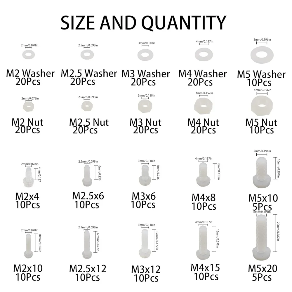 270Pcs Metric M2 M2.5 M3 M4 M5 Nylon Phillips Pan Head Screws Nut Washer Assortment Kit image 2