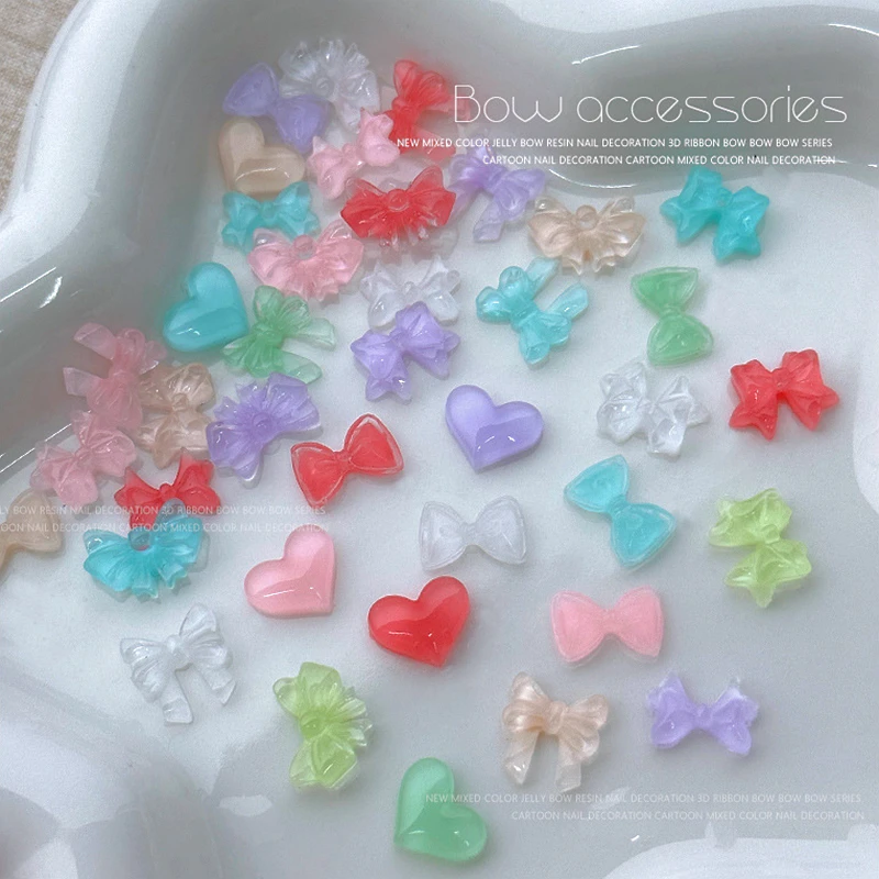 30PCS Clear Resin Nail Art Bow Charms Accessories Jelly Bowknot Heart Parts For Manicure Decor Nail Decoration Supplies Material