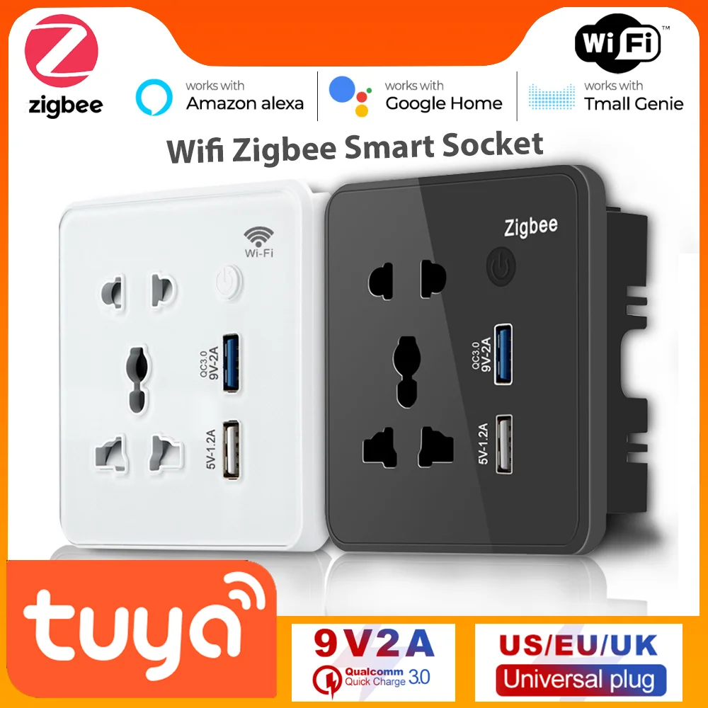 Tuya Smart Socket Wifi Zigbee Supports US UK EU KR Plug Wifi Smart Socket 2 USB Wall Socket QC3.0 Works with Alexa Google Home