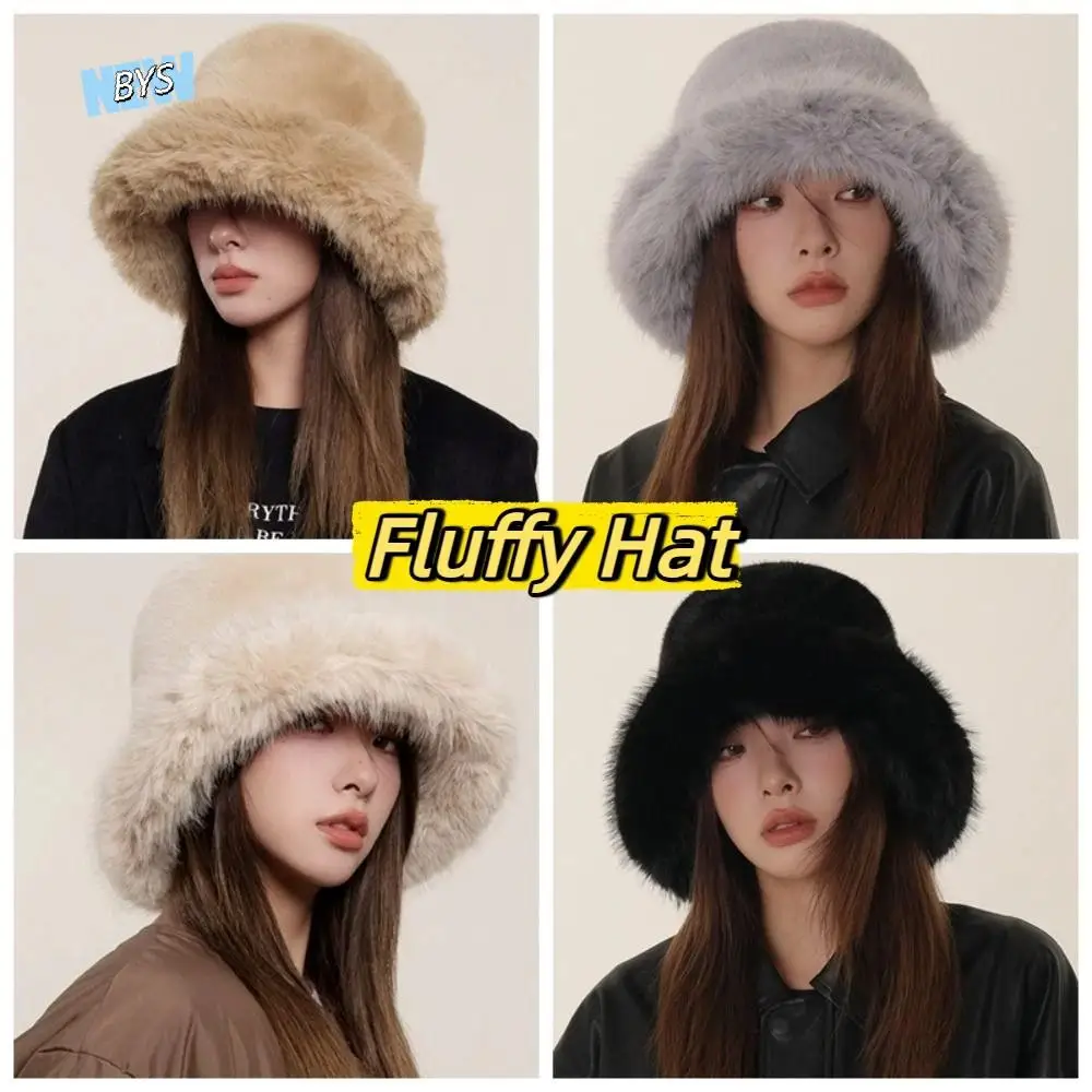 

Fluffy Hat Artificial Fur Hat Imitation Fur Thickened Plush Bucket Hat Ear Protection Hat All-match Beanie Hat Winter/Autumn