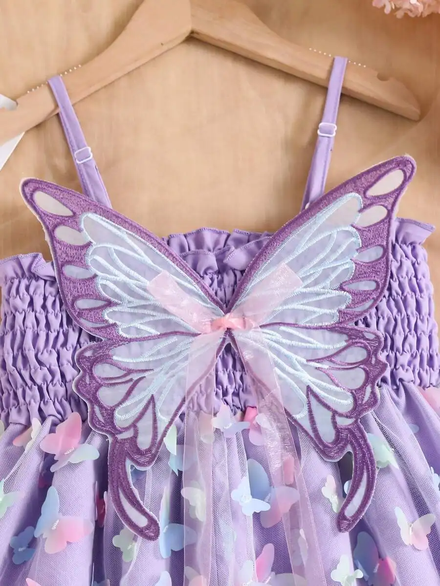 

Purple Butterfly Embroidery Mesh Dress With Bow Decor Spaghetti Strap Mini Dress For Summer Party