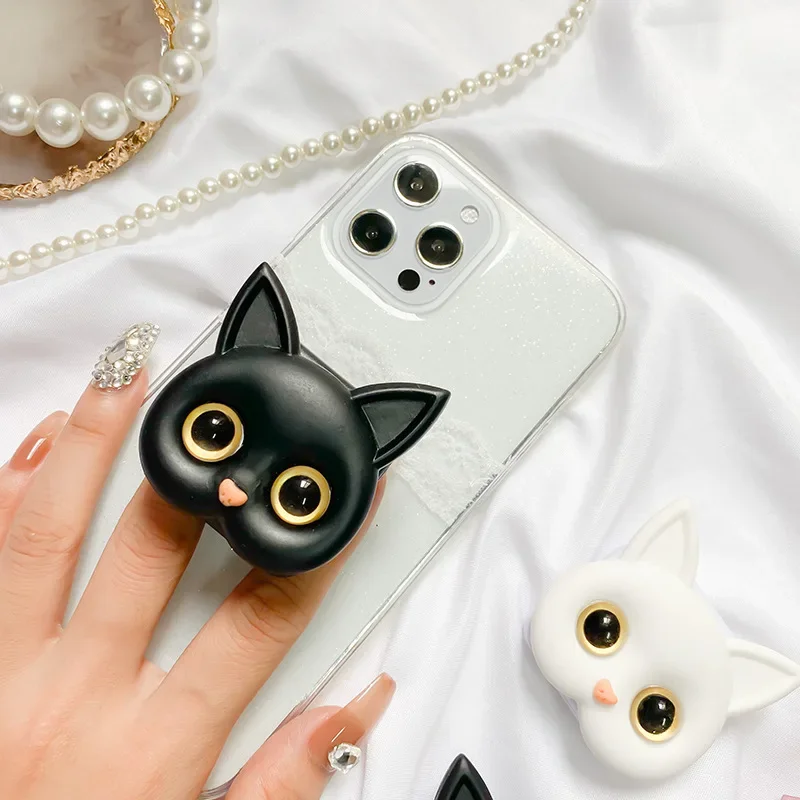 Cute 3D Black / White Cat Mirror Air Bag Stand for IPhone Android Phone Creative Girl Portable 2-in-1 Lazy Holder Makeup Mirror