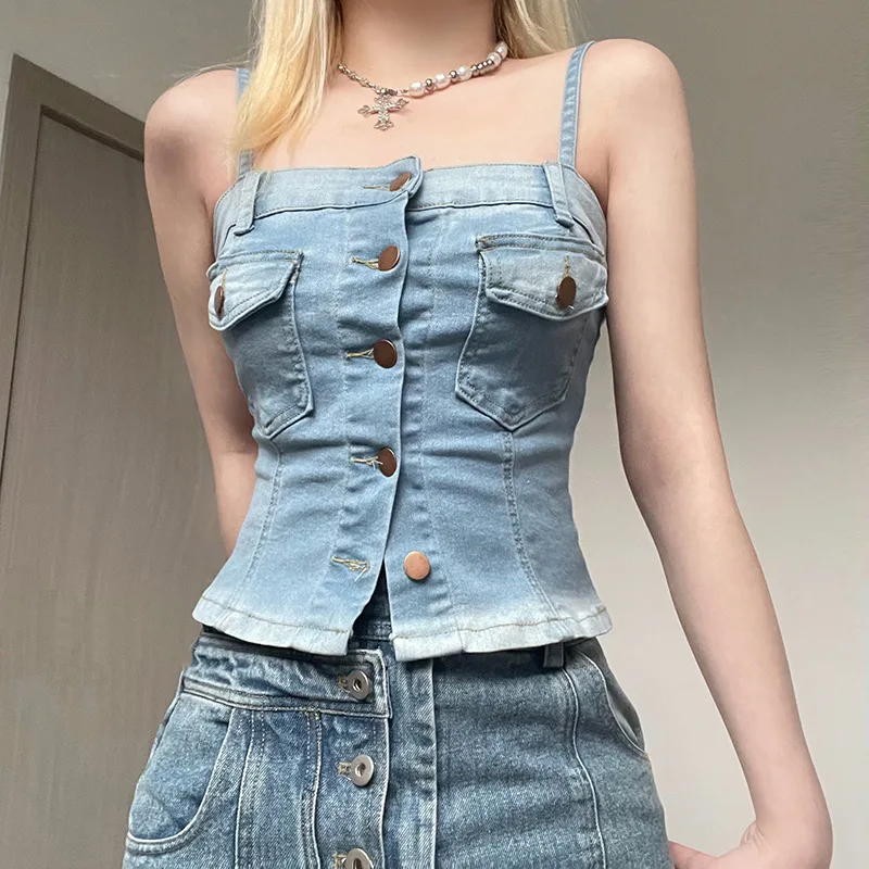 

Hot Girl Industrial Pocket Stitching Breasted Denim Camisole Women 2024 Summer American Style Fashion New Vest Slim Short Top