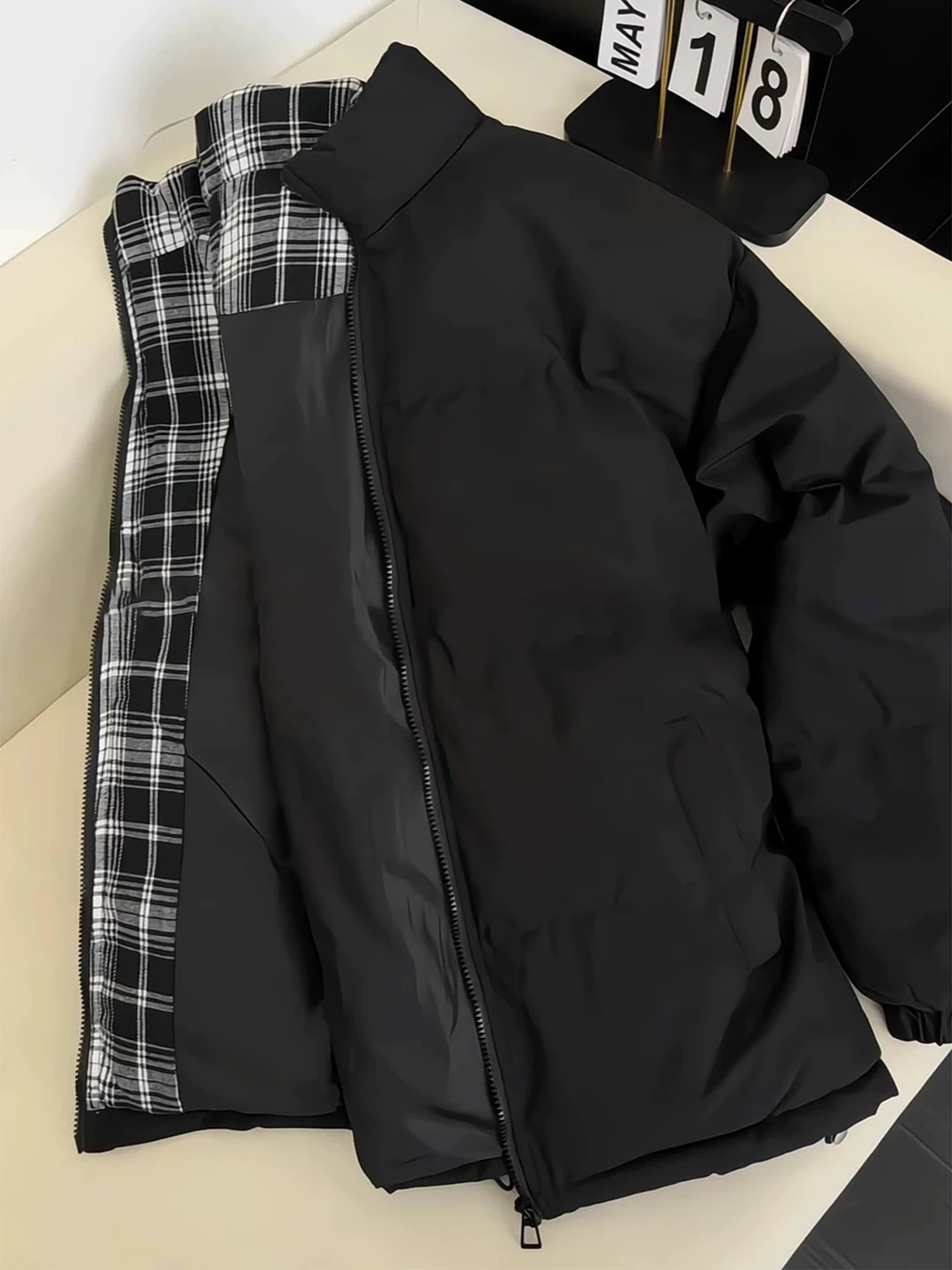 

Bla Plaid Spliced Winter Cotton Jaet Men's Warmth Youth Casual Long Sve Thi Outerwear No Hat Stand Fit Cleanfit