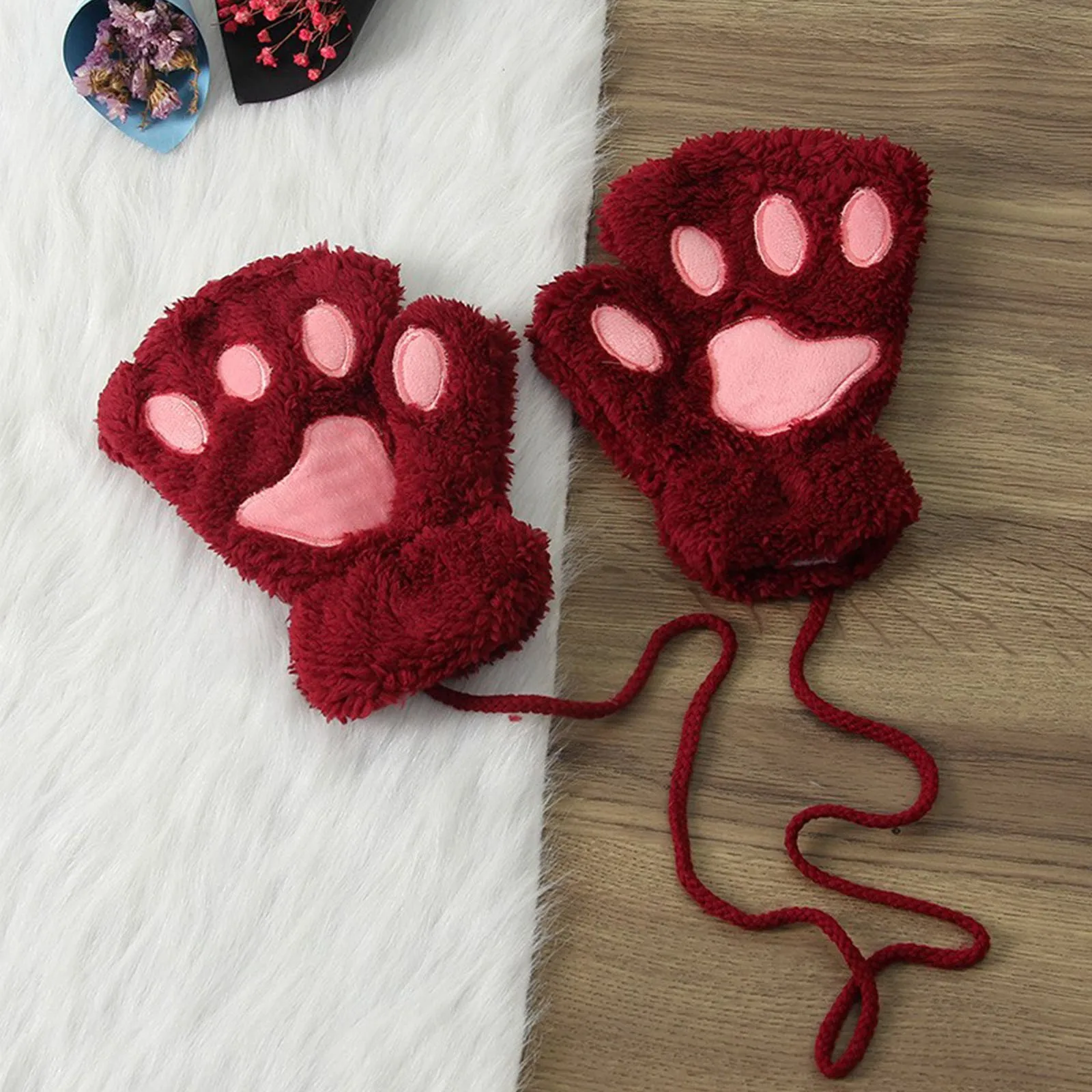 Women\'S Cute Bear Paw Half Finger Gloves Color Block Plush Short Comfortable Gloves Ladies Winter Thickened Warm Gloves Kawaii