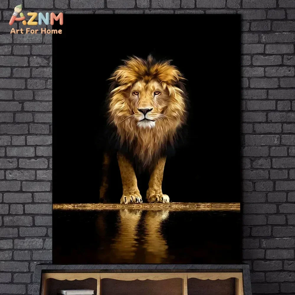 AZNM Majestic African Male Lion Canvas Wall Art, Dark Black Background Wild Animal Wildlife Photography Painting, Modern Home Ro