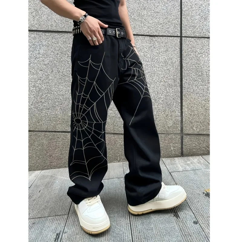 Wijde pijpen jeans werkbroek klassieke man broek heren denim tranen strass heren streetwear baggy kleding kleding heren dun