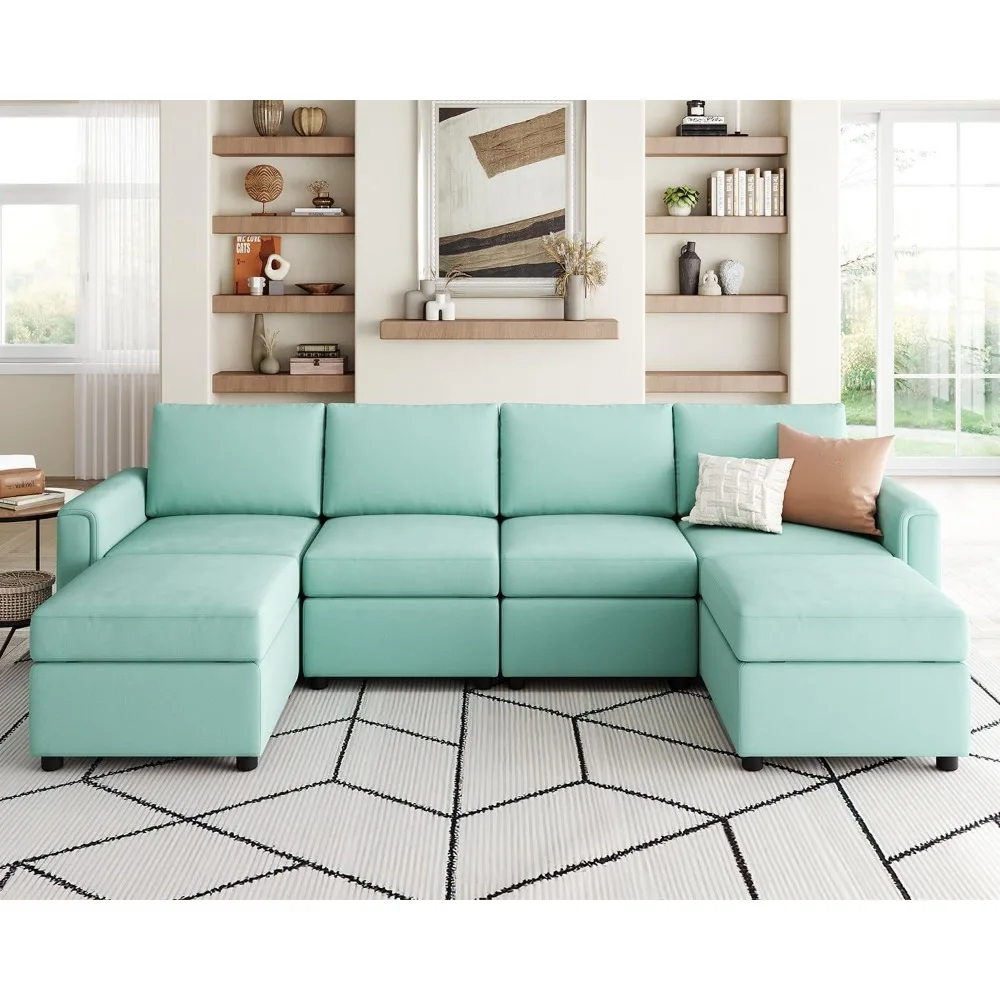 Family modular sofa, Convertible U-shaped sofa, storage space, memory foam, modular sofa with foot pads, 6 seats