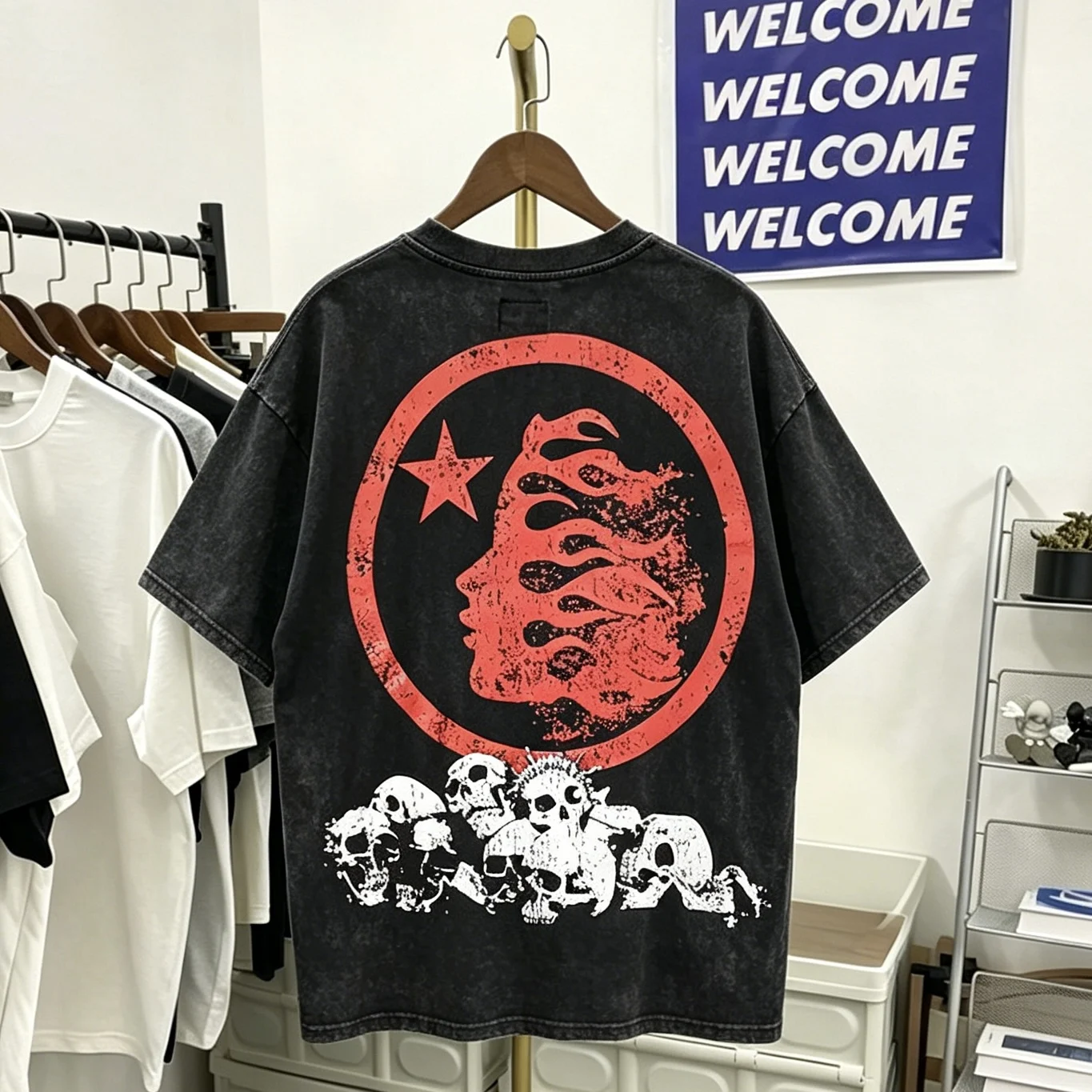Washed Cotton Short Sleeve T-Shirt Skull Head Print Street Style for Men And Women Comfortable Breathable round Neck Top