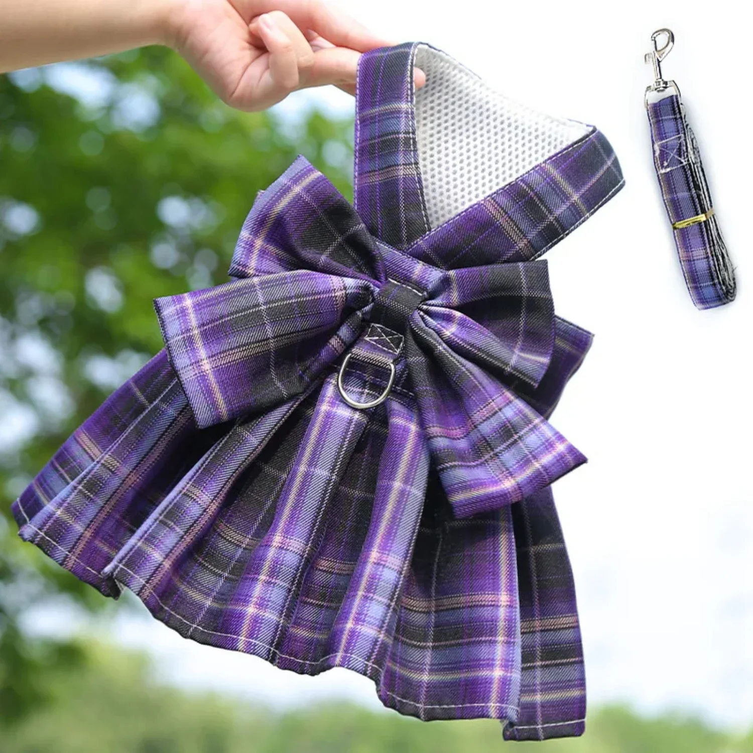 Stylish Bow Dog Collar Harness Skirt Vest with Matching Clothes Set for Pets - Elegant Pet Dog Dress Clothing Ensemble complete