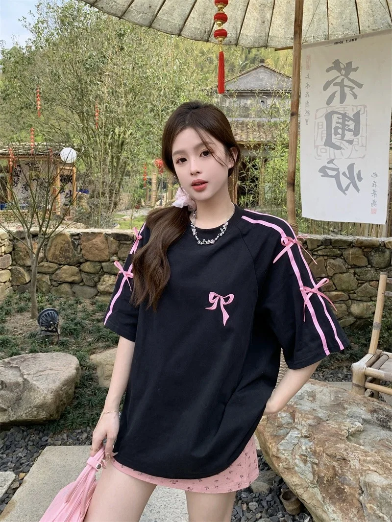 Damska koszulka plus size z haftem w węzły, luźny krój, czysta bawełna, letni top w stylu koreańskim, okrągły dekolt.