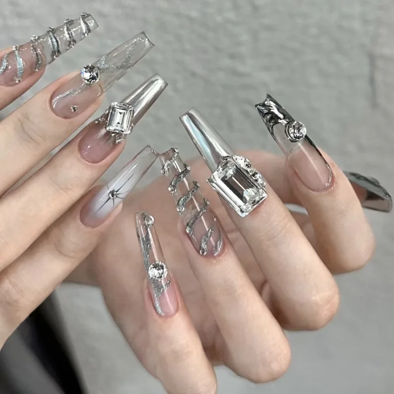 10 Stuks Druk Op Nagels Diamanten Ontwerp Lang Gedecoreerde Nep Nagels Met Lijm Franse Tip Van Hoge Kwaliteit Met Volledig Set Gereedschap Handgemaakt