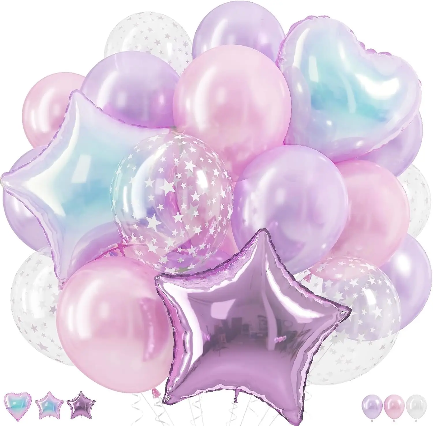 Ballon en latex translucide rose clair et lilas en forme d'étoile avec ballon en feuille d'aluminium en forme de cœur arc-en-ciel lavande pour décoration de princesse