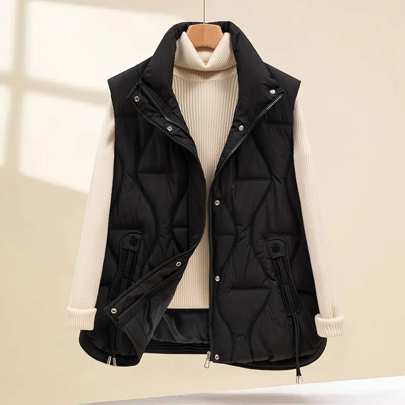 Women Oversize Parkas Vest Short Coats Solid Sleeveless Zipper Stand Collar Loose Thick Office Lady Casual Autumn Winter 2025
