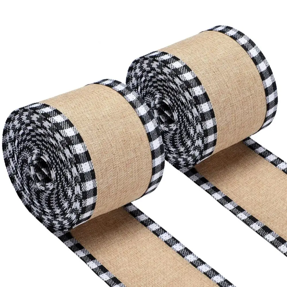 2 Rolls Red Black Christmas Plaid Ribbons Faux Burlap Wired Edge Fabric Craft Ribbon Bows Wrapping Handicraft DIY Ribbon Strips