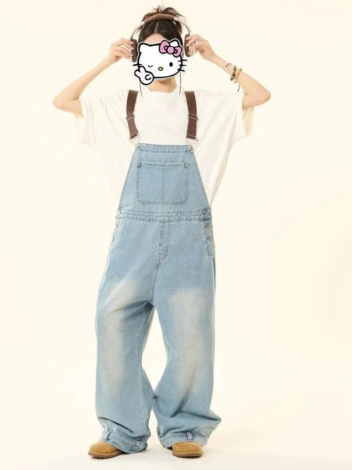 2025 Spring and Autumn New Women's Cowboy Strap Pants Loose Jumpsuit