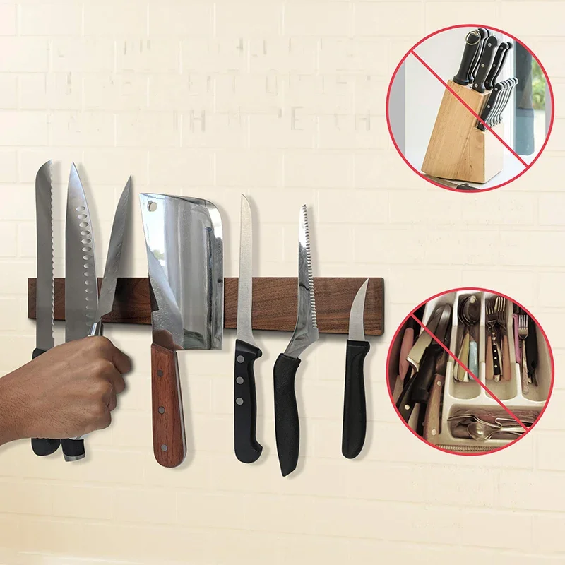 Wood Magnetic Knife Holder Wall Mount Chef Kitchen Knife Magnetic Strip Slicing Fruit Fish Butcher Boning Knife Rack Tools
