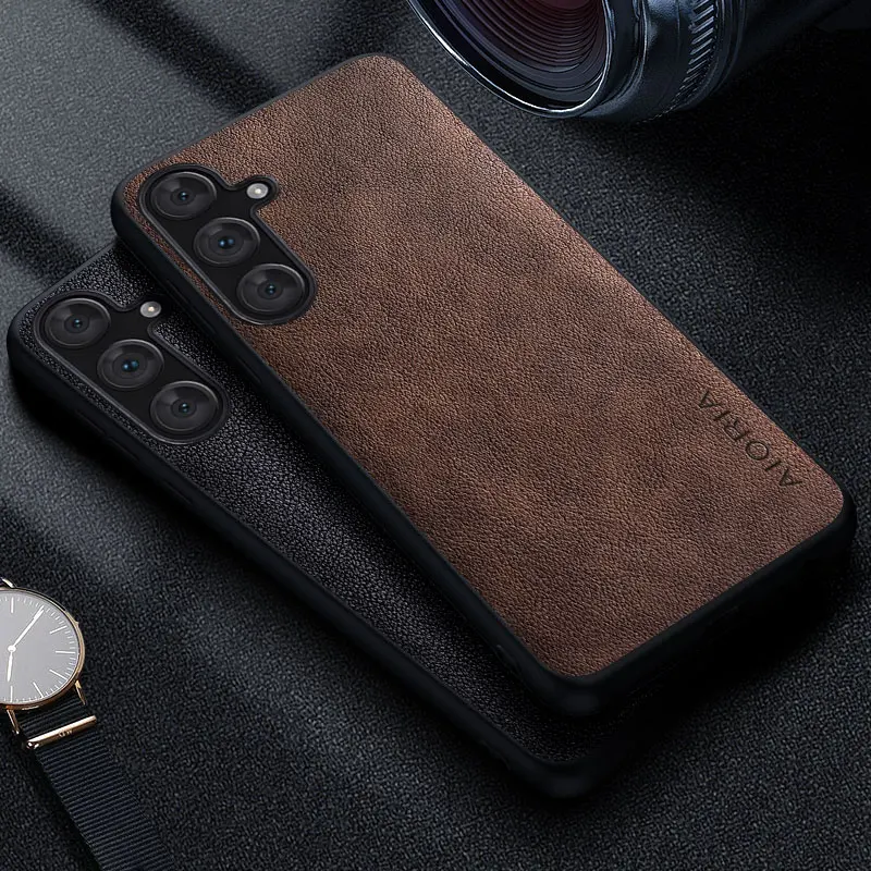 Premium Luxury leather Phone Case for Samsung galaxy S23 S24 S22 S21 S20 Ultra Plus FE Retro Business Style Solid color cover