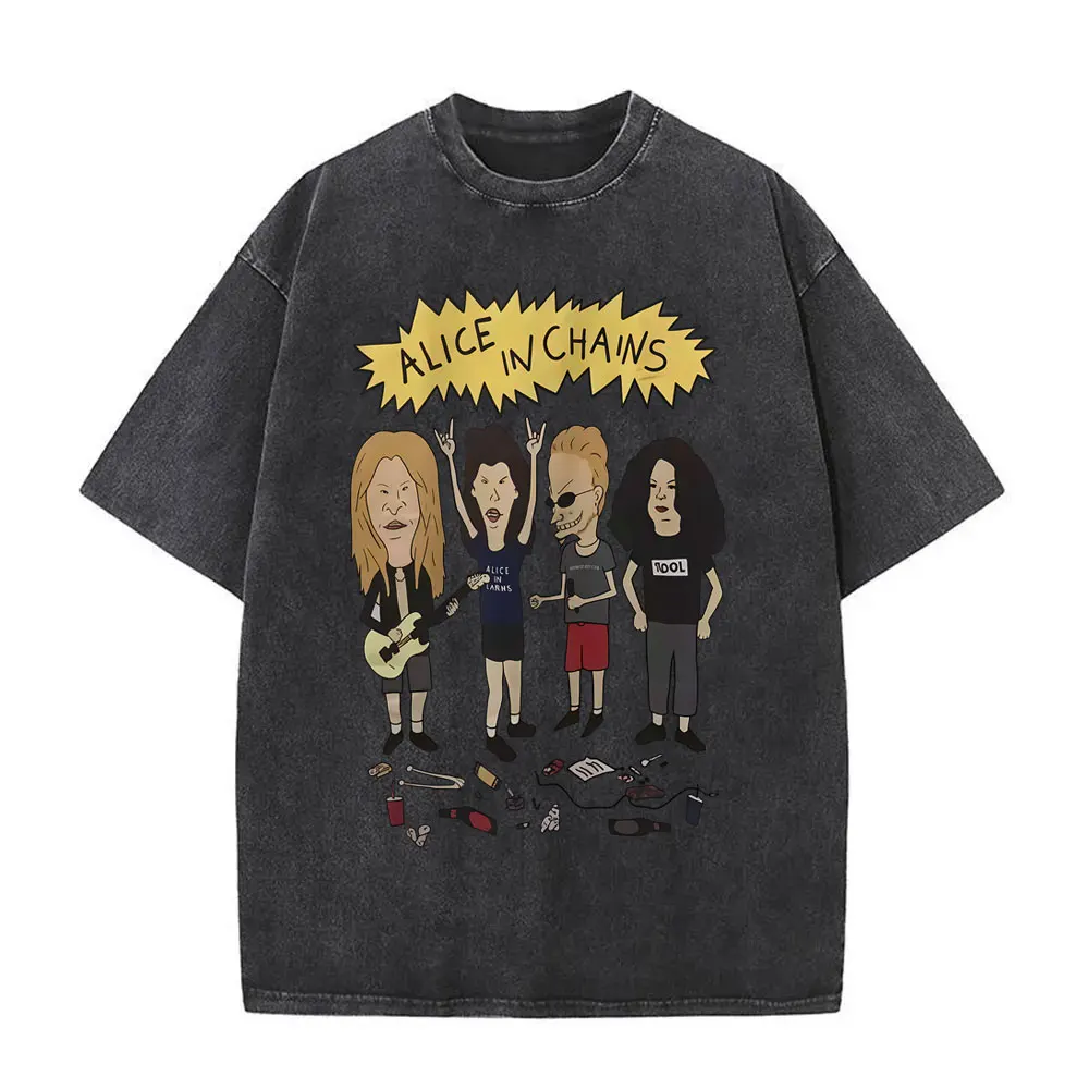 

Vintage Washed Rock Band Alice in Chains Cartoon Style T-shirt Men Women Oversized Gothic Punk T Shirt Male 100% Cotton T-shirts