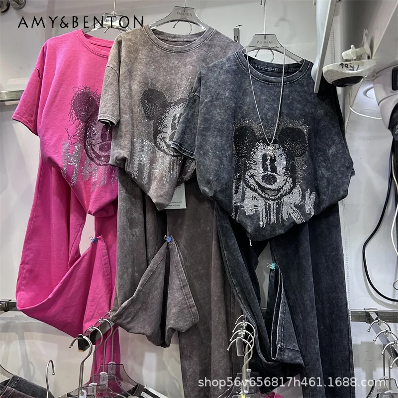 

Европейский стиль Y2k со стразами мультфильм ретро стираная свободная футболка с короткими рукавами топ + эластичный пояс широкие длинные брюки комплект женский