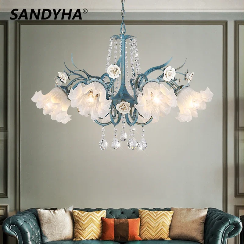 SANDYHA French Pastoral Pendant Lights Flowers Glass Crystal LED Chandelier Warm White Lighting Living Room Bedroom Decor Accent