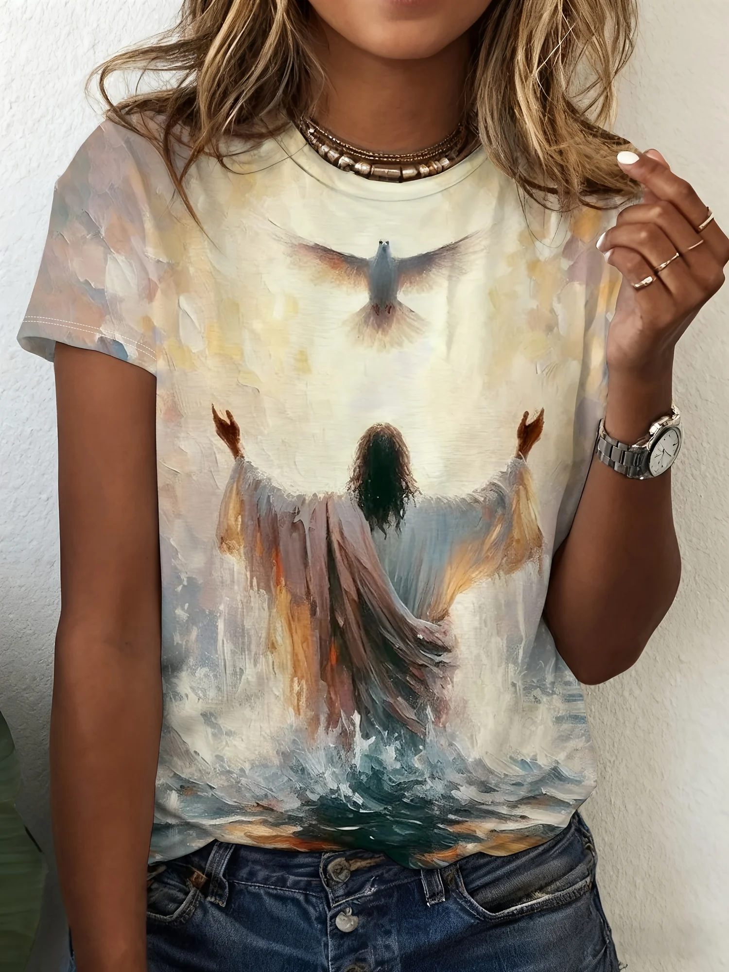 Women Short Sleeve T‑Shirt Vintage Oil Painting Style Dove Figure Print Crew Neck Loose Casual Faith Inspired Summer Tops