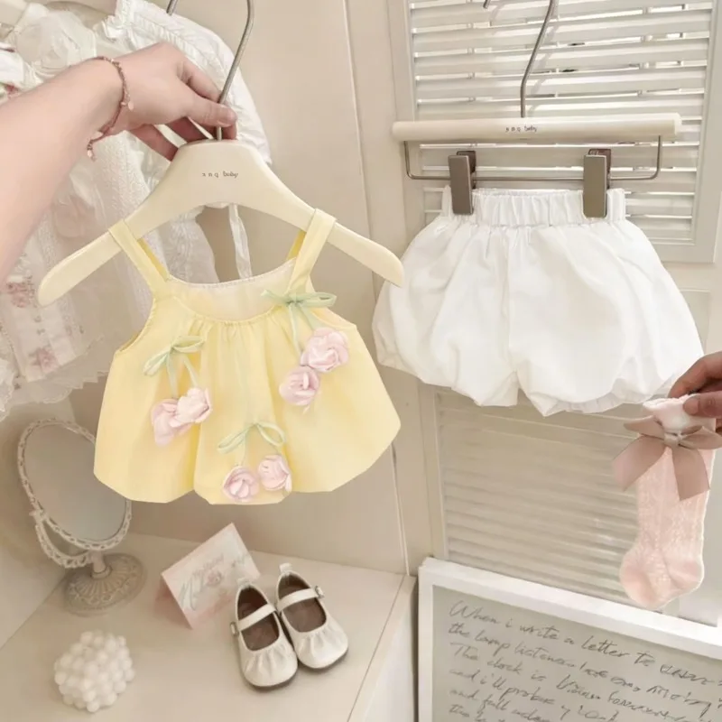 

Girl Baby Summer Set 2026 New Fashionable Summer Dress Little Girl Flower Tank Top Shorts Two Piece Set Strap