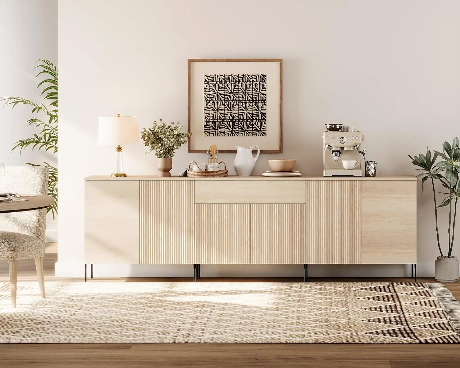 

Шкаф-буфет 94,5 дюйма с 1 ящиком и 6 дверцами, рифленый шкаф для хранения 3-в-1 с регулируемыми полками, современная вкладка-буфет