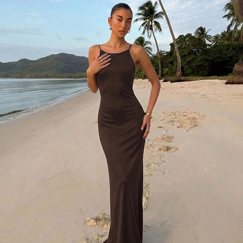 

Typhaland Sexy Sling Backless Vacation Dress Women's Swing Collar Elegant Maxi Dress Plunge High Waist Lady Evening Party Dress