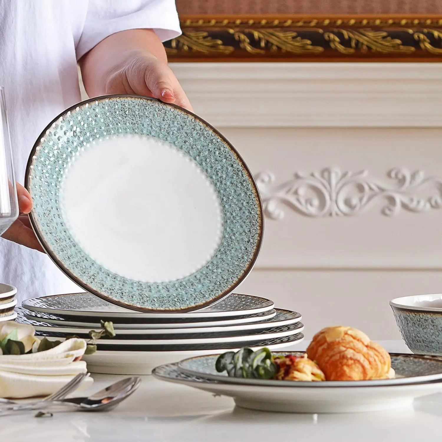 

Melamine Dinnerware Sets,12pcs Plates and Bowls Sets, Melamine Dishes Set for 4, Unbreakable,Dishwasher Safe, BPA Free,Great for