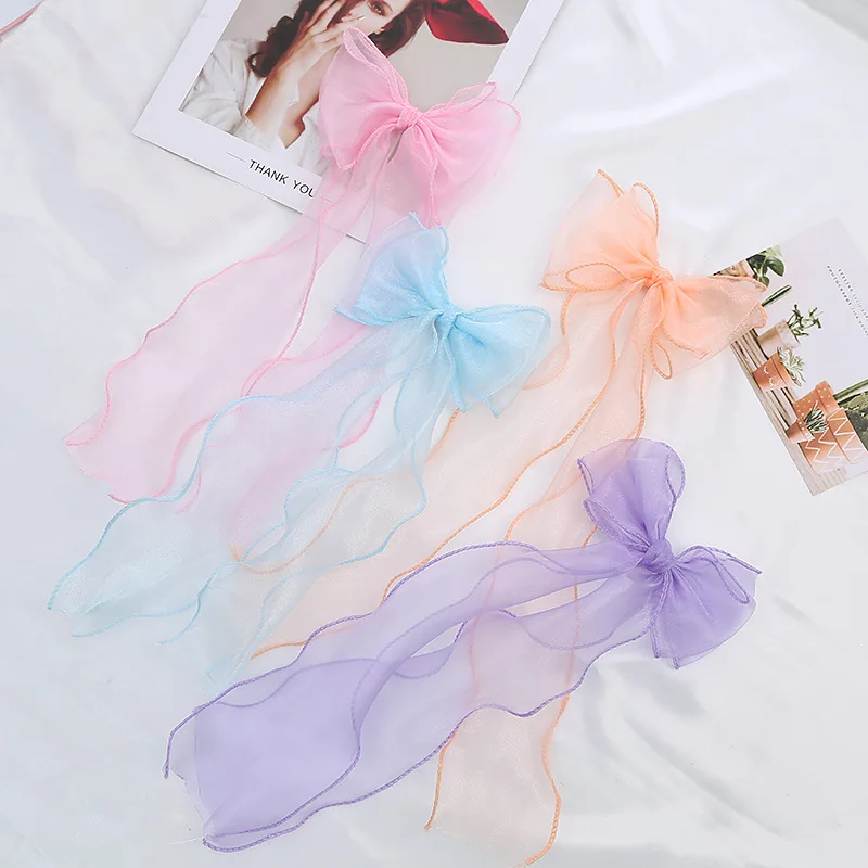 2/8pcs Long Organza Bow Hairpins Hair Accessories Sweet Net Yarn Oversized Hair Clip Summer For Children Girls Headdress